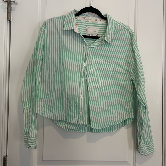 American Eagle Outfitters Tops - American Eagle Cropped Button Down Shirt Green White Striped